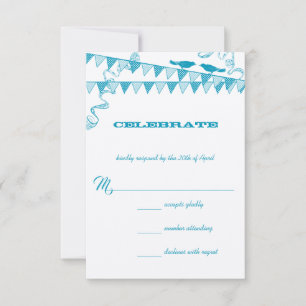 Convite Aqua Blue Dots Love Bird Bunting Wedting RSVP