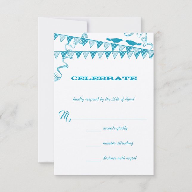 Convite Aqua Blue Dots Love Bird Bunting Wedting RSVP (Frente)