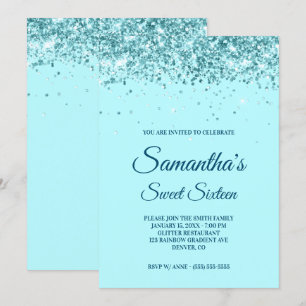Convite Aqua Blue e Teal Glitter Doce Dezesseis