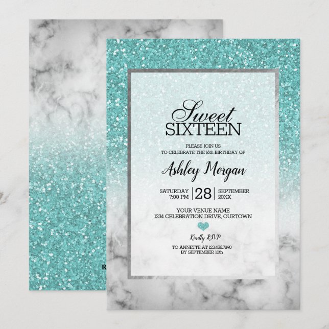 Convite Aqua Blue Faux Glitter e Marble Sweet 16 Party (Frente/Verso)