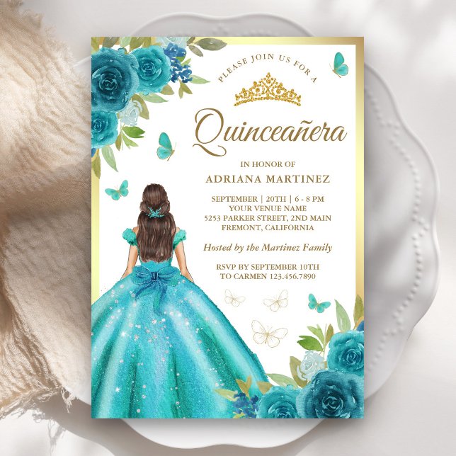 Convite Aqua Blue Floral Borboleta Dourada Quinceanera (Criador carregado)