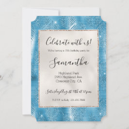 Convite Aqua Blue Glam Glitter Folhas Tropicais