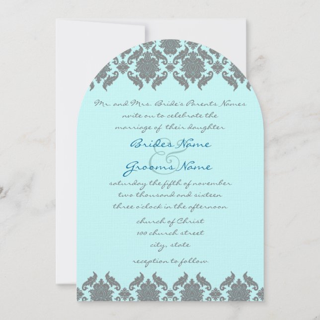 Convite Aqua Blue Grey Damask  Wedding Invitation (Verso)