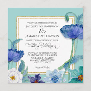 Convite Aqua Blue n White Watercolor Pappy Art Deco Floral