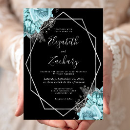 Convite Aqua Blue Silver Floral Black Wedding