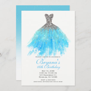 Convite Aqua Blue Silver Glitter Glam Dress Doce 16 Partid