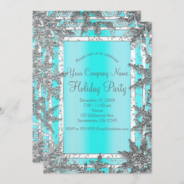 Convite Aqua Blue & Silver Winter Snowflakes Partido Elega (Frente/Verso)