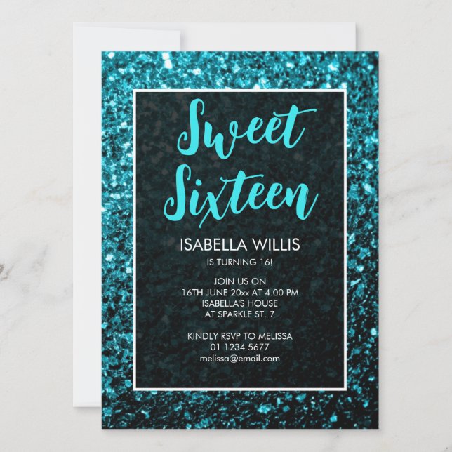 Convite Aqua blue sparkles Sweet 16 elegant script (Frente)