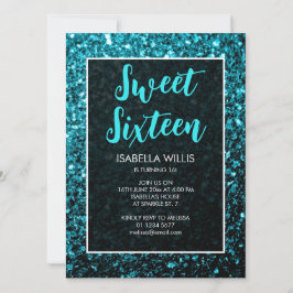 Convite Aqua blue sparkles Sweet 16 elegant script