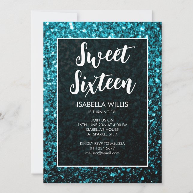 Convite Aqua blue sparkles Sweet 16 elegant script (Frente)