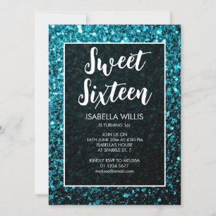Convite Aqua blue sparkles Sweet 16 elegant script