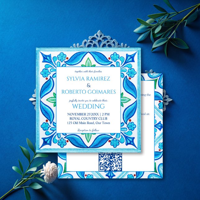 Convite Aqua Blue Talavera azulejos todos em um casamento (Aqua Blue Talavera tiles all in one wedding Invitations with RSVP vintage Mexican wedding cards)