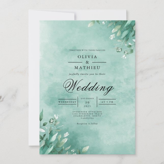 Convite Aqua Botanical Leaf Elegance Wedding (Frente)