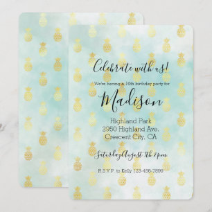 Convite Aqua Branco Dourado Glam Tropical Abacaxis
