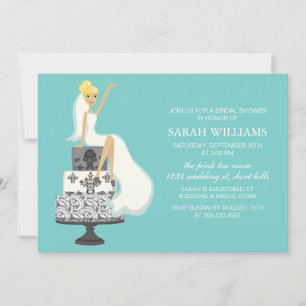 Convite Aqua Bride sobre Bolo de Casamento