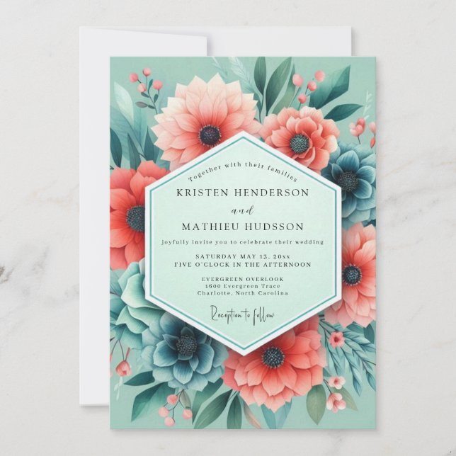 Convite Aqua Coral Artistic Bloom Wedding (Frente)