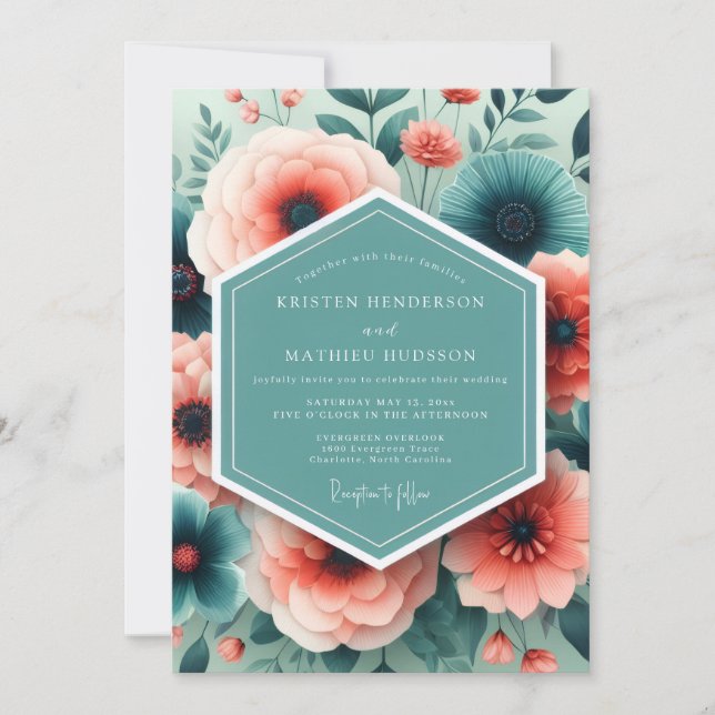 Convite Aqua Coral Painted Bloom Wedding (Frente)