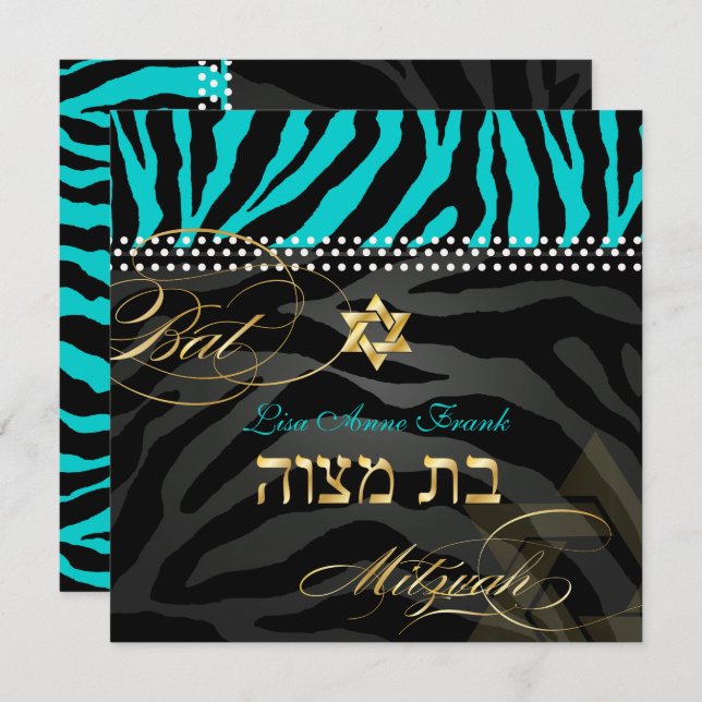 Convite Aqua de cor PixDezines Zebra Bat Mitzvah/DIY (Frente/Verso)