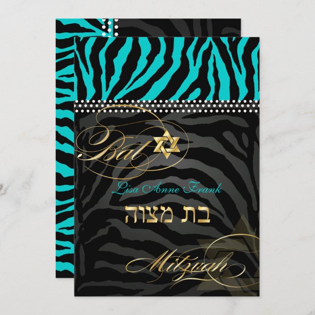 Convite Aqua de cor PixDezines Zebra Bat Mitzvah/DIY (Frente/Verso)