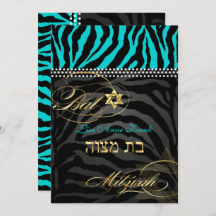 Convite Aqua de cor PixDezines Zebra Bat Mitzvah/DIY