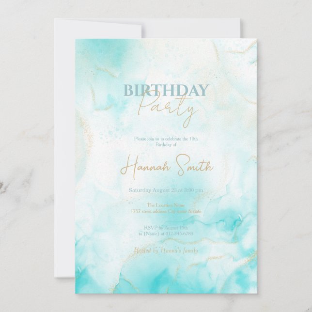 Convite Aqua Dourada Aqua Moderna Arte a Álcool Oceânica O (Frente)