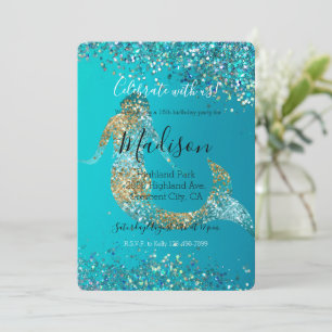 Convite Aqua Dourada Glitter Sparkle Mermaid