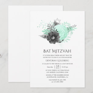 Convite Aqua e Carvão Floral Rústico Bat Mitzvah