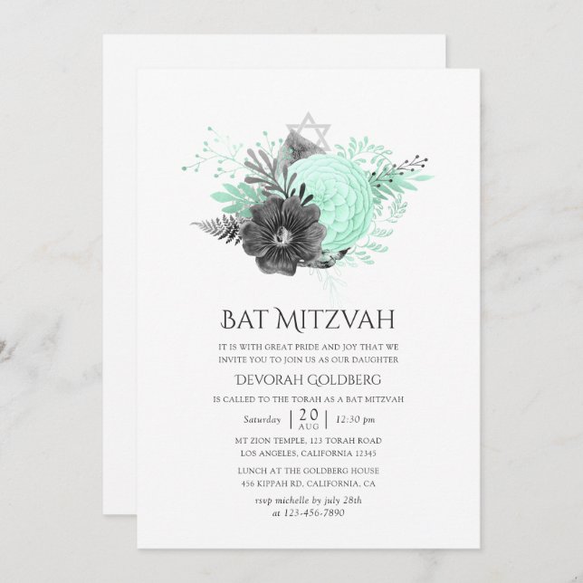 Convite Aqua e Carvão Russo Floral Bat Mitzvah (Frente/Verso)