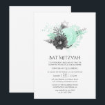 Convite Aqua e Carvão Russo Floral Bat Mitzvah<br><div class="desc">Vintage rustic watercolor bat mitzvah convite com sotaques de azul-aqua e preto de carvão.</div>
