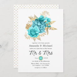 Convite Aqua e Dourado Casamento Floral
