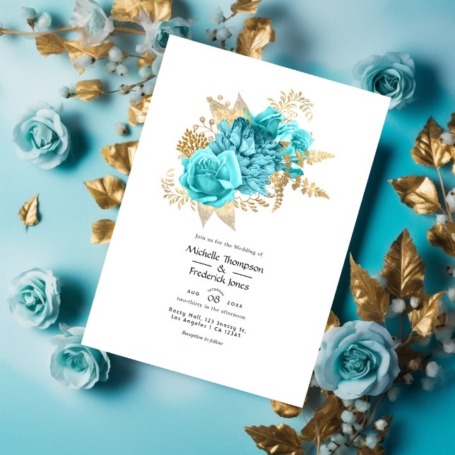 Convite Aqua e Dourado Casamento Floral (Criador carregado)