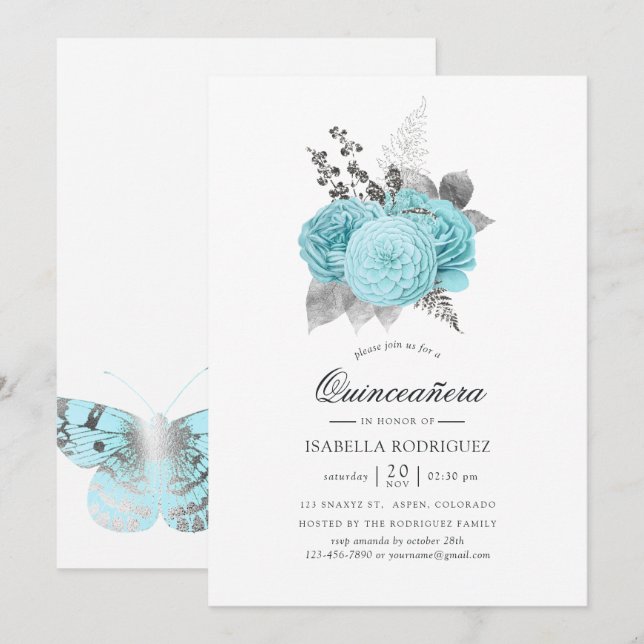 Convite Aqua e Silver Vintage Shabby Rosa Quinceañera (Frente/Verso)