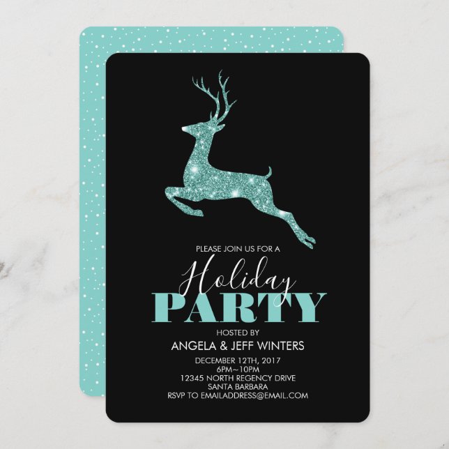 Convite Aqua Faux Glitter Deer Holiday Party (Frente/Verso)