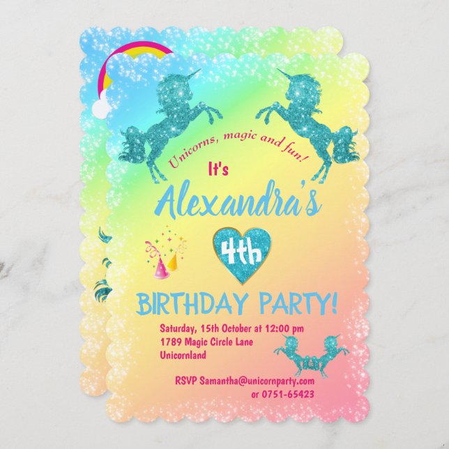 Convite Aqua Glitter Unicorns Birthday (Frente/Verso)