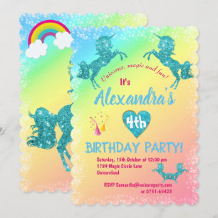 Convite Aqua Glitter Unicorns Birthday