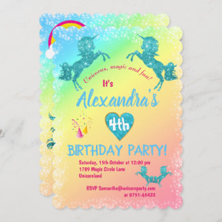 Convite Aqua Glitter Unicorns Birthday