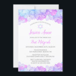 Convite Aqua Hydrangea Floral Watercolor Bat Mitzvah<br><div class="desc">Sombras de flores azuis, cor-de-rosa, lavanda e aqua e uma estrela de David decoram este convite elegante de morcego de aquarela mitzvah. Este design apresenta uma borda floral no topo e na base. Seus detalhes de celebração podem ser personalizados em uma tipografia moderna em rosa e cinzas. A parte de...</div>