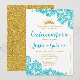 Convite Aqua Lace e Glitter Dourada Princesa Quinceañera