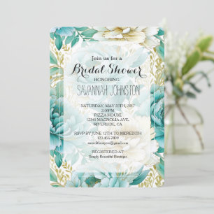 Convite Aqua Mint White Cream Dourado Chá de panela Floral