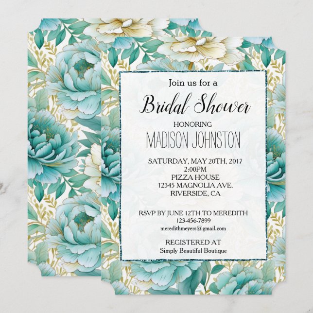 Convite Aqua Mint White Floral Chá de panela (Frente/Verso)