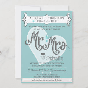 Convite Aqua Mr and Mrs Typography Weddings