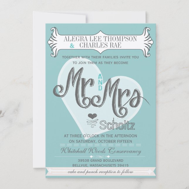 Convite Aqua Mr and Mrs Typography Weddings (Frente)