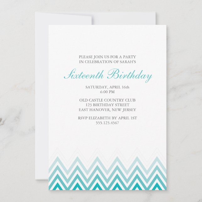 Convite Aqua Ombre Chevrons Birthday (Frente)
