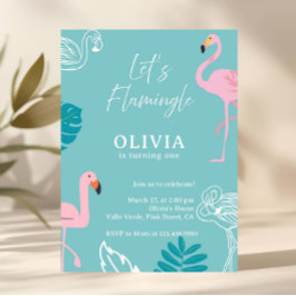 Convite Aqua & Pink Flamingo Tropical Birthday