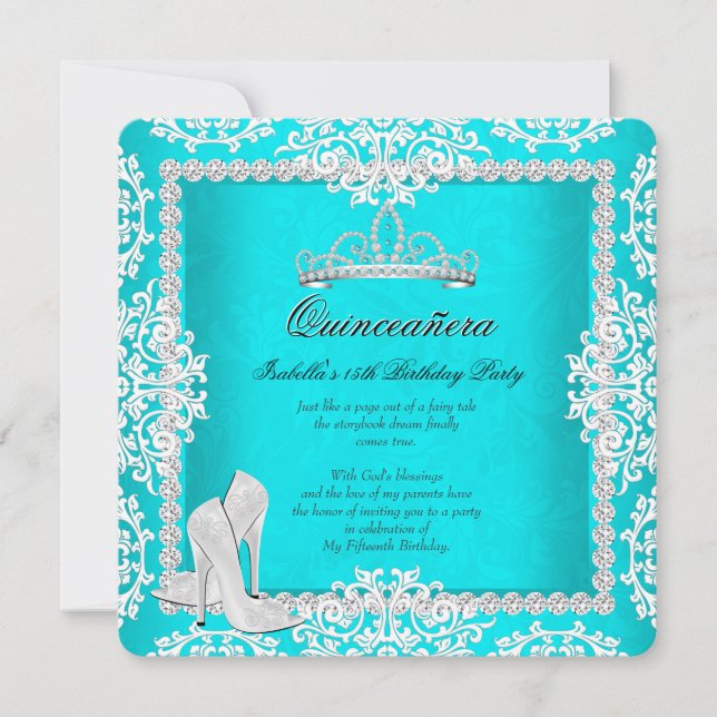 Convite Aqua Quinceanera 15 Birthday Tiara High Heels (Frente)
