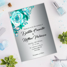 Convite Aqua Rose Bouquet sobre Casamento Prateado