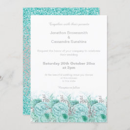 CONVITE AQUA SILVER GLITTER FLORAL WEDDING