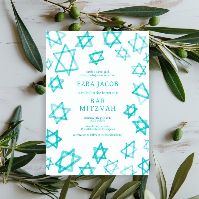 Convite Aqua Star Legal de Aqua Aqua de David Bar Bat Mitz (Watercolor Cool Aqua Teal Green Star of David Bar Bat Mitzvah Custom Invitation evite
)