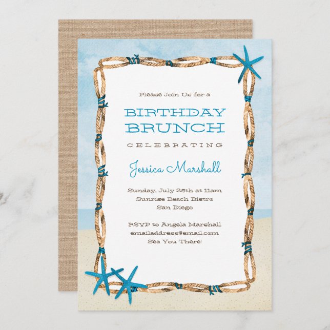Convite Aqua Starfish e Watercolor Beach Birthday (Frente/Verso)