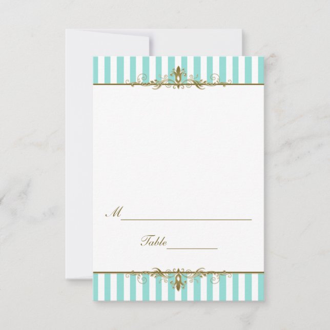 Convite Aqua, Stripes Brancas com Placecard de Rolos Doura (Frente)